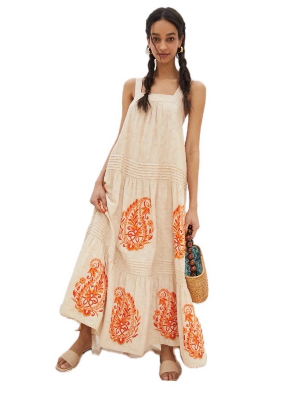 Anthropologie, Embroidered Boho Ivory Maxi Dress Women’s, Size Medium EUC